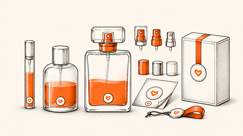 Perfume bottles, caps, sprayers, and branded packaging options