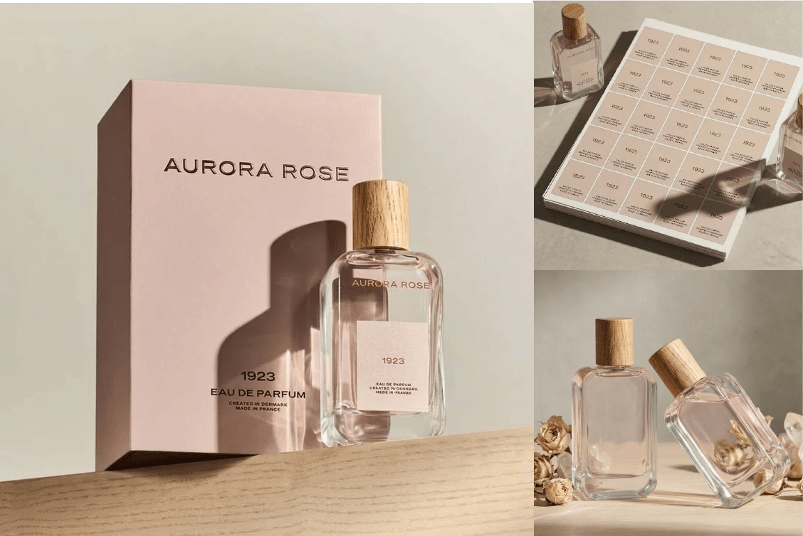 Fragrance packaging with branded bottles, boxes, and labels
